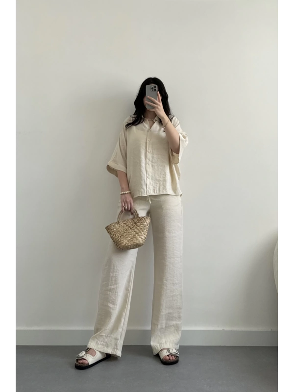 BEJ yarasa kol tensel gömlek takım