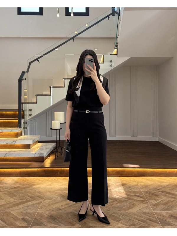 BELİ KEMERLİ CREP KUMAŞ PANTOLON SİYAH