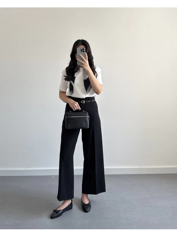 BELİ KEMERLİ CREP KUMAŞ PANTOLON SİYAH