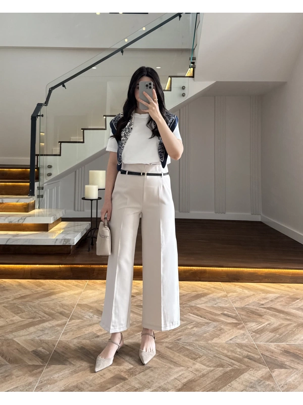 BELİ KEMERLİ CREP KUMAŞ PANTOLON TAŞ