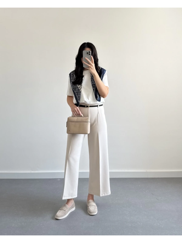 BELİ KEMERLİ CREP KUMAŞ PANTOLON TAŞ