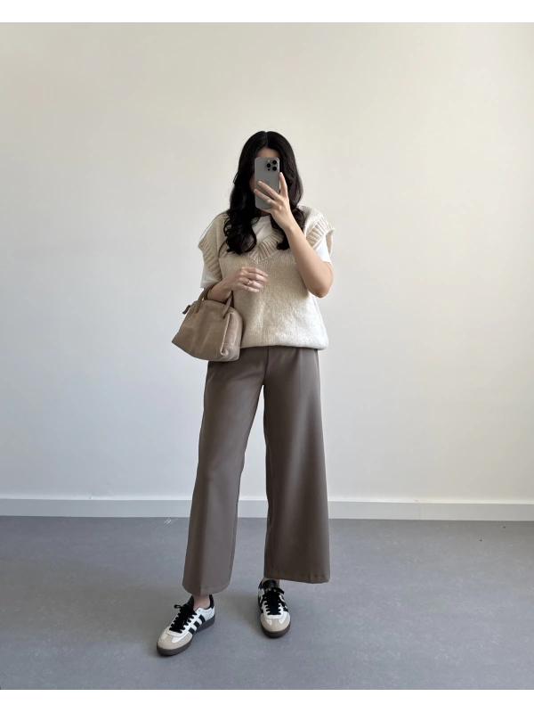 BELİ KEMERLİ CREP KUMAŞ PANTOLON VİZON