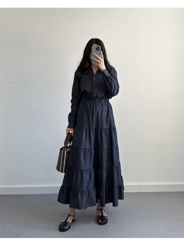 BELİ LASTİKLİ KOT ELBİSE