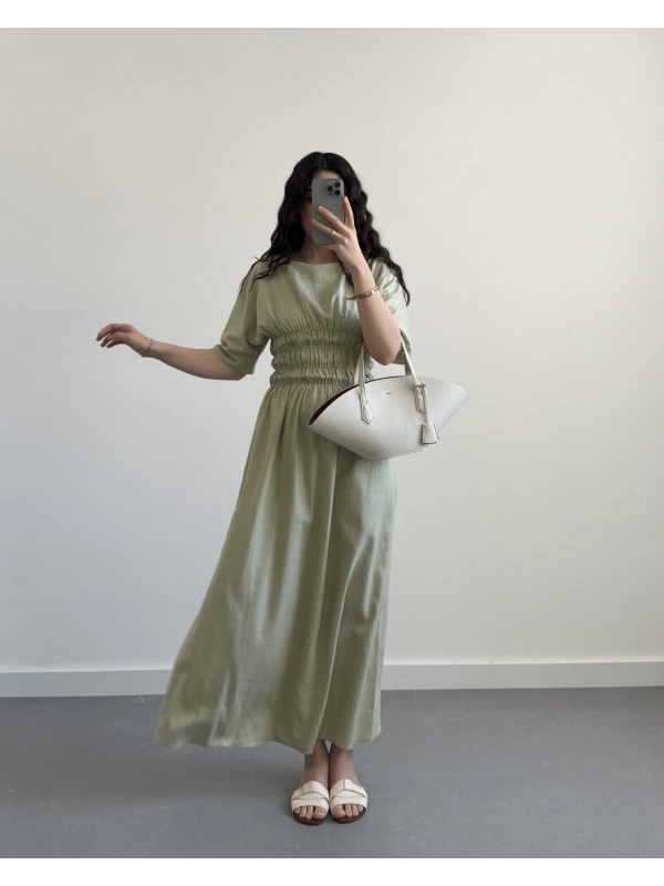 BETY BELİ LASTİK KORSELİ ELBİSE MİNT YEŞİL