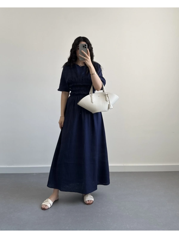 BETY BELİ LASTİK KORSELİ ELBİSE LACİVERT