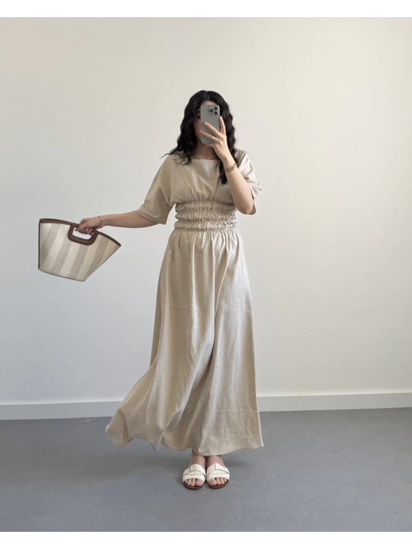 BETY BELİ LASTİK KORSELİ ELBİSE TAŞ