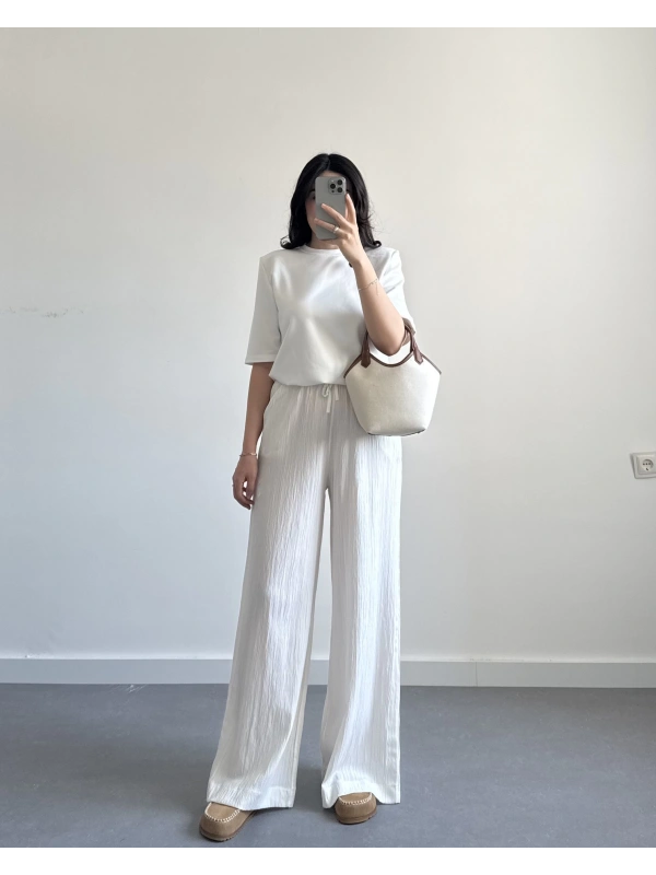 BEYAZ GOFRE KUMAŞ PANTOLON