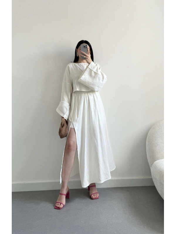 Beyaz müslin kumaş etekli ikili takım