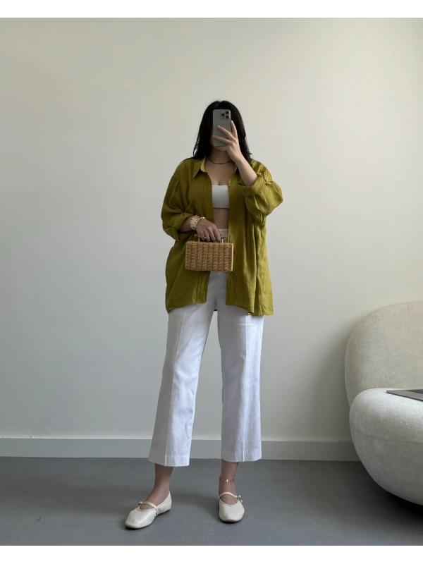 Beyaz keten havuç pantolon