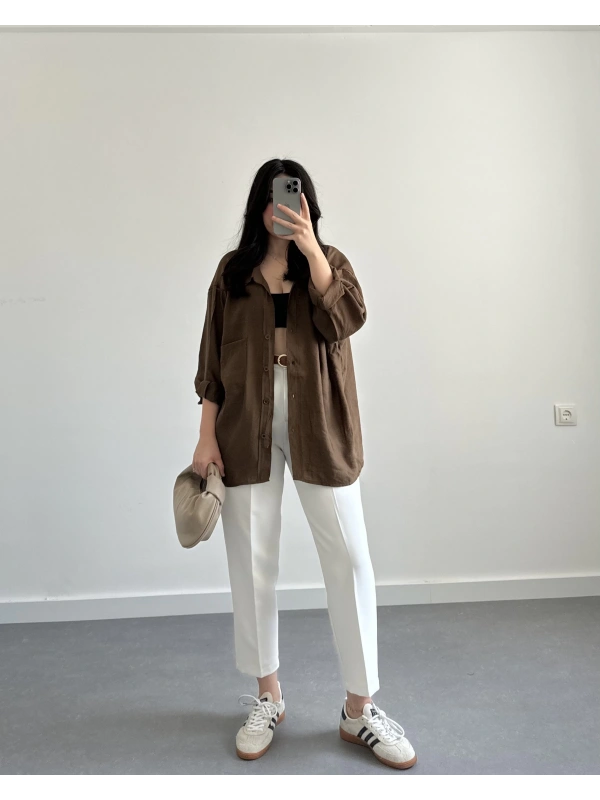 Beyaz krep kumaş havuç pantolon