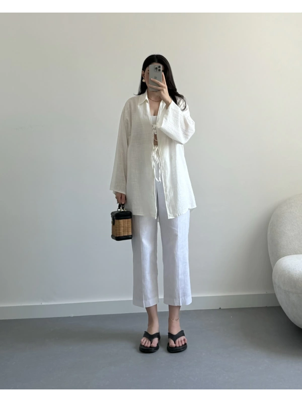 Beyaz önü bağlamalı keten kimono