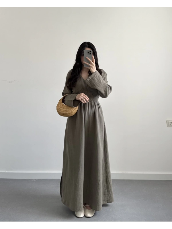 BİANA HAKİ UZUN KOL MÜSLİN ELBİSE