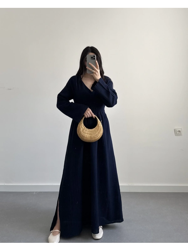 BİANA LACİVERT UZUN KOL MÜSLİN ELBİSE