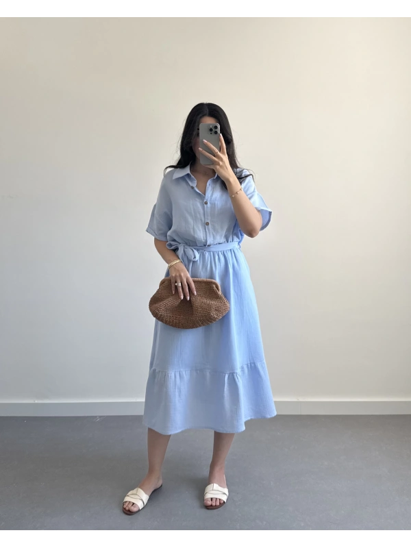 BİSO BEBE MAVİ MÜSLİN ELBİSE