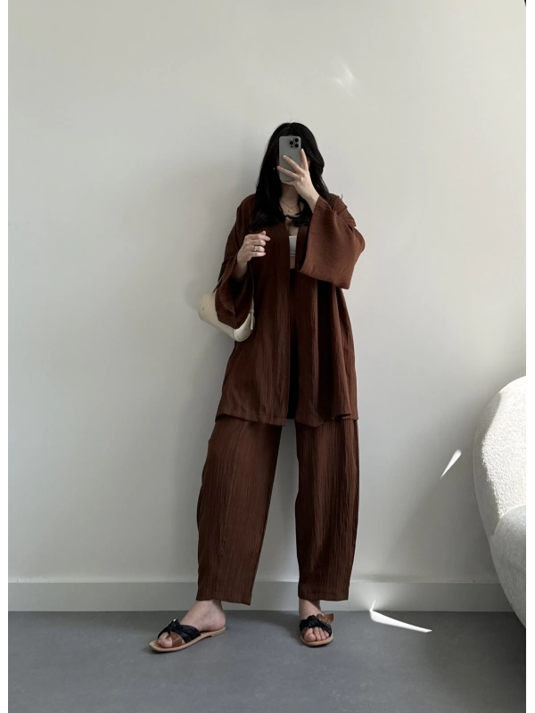 Kahverengi şalvar bohem takım