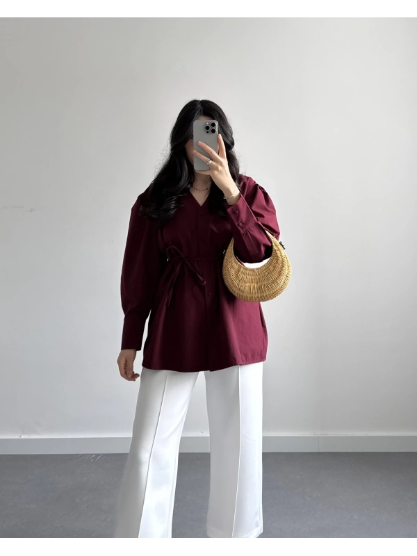 BORDO BALON KOL POPLİN GÖMLEK