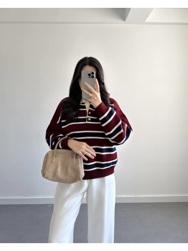 BORDO ÇİZGİLİ KAZAK