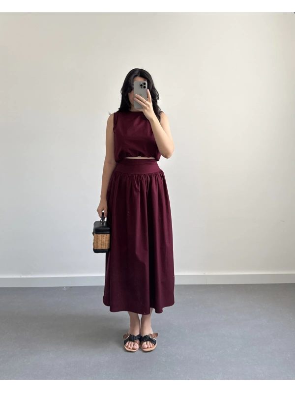 BORDO CROP POPLİN ETEK TAKIM