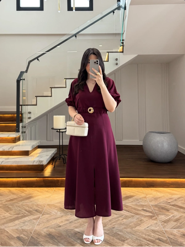 BORDO GOLD KEMER DETAY YIRTMAÇLI ELBİSE-3909