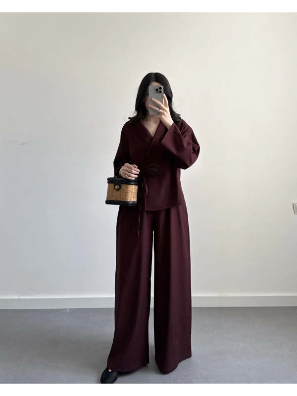 BORDO GÜL DETAYLI KİMONO TAKIM