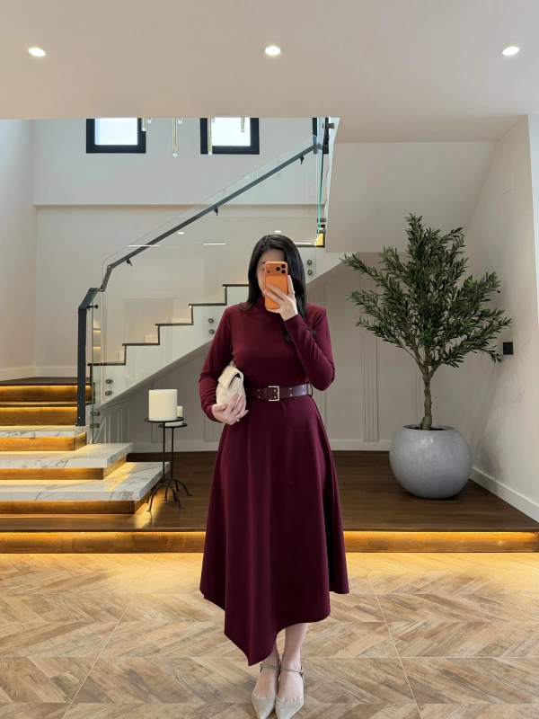 BORDO KEMERLİ MİDİ ELBİSE-4228