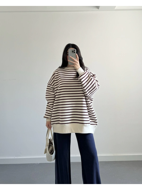 BORDO - KREM ÇİZGİLİ OVERSİZE SWEAT