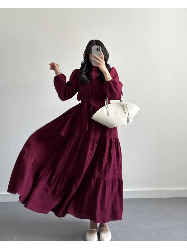 BORDO KUŞAKLI PREMİUM ELBİSE