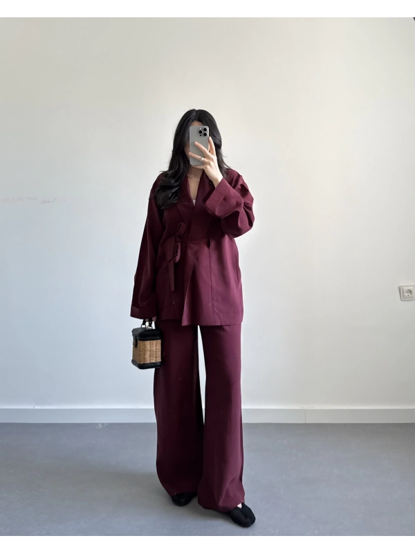 BORDO KUŞAKLI PREMİUM İKİLİ TAKIM