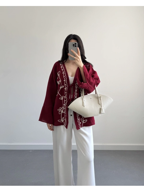 BORDO MÜSLİN NAKIŞLI KİMONO