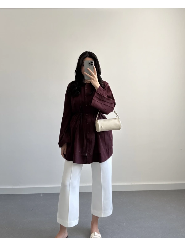 BORDO PAMUK VUAL KUŞAKLI GÖMLEK