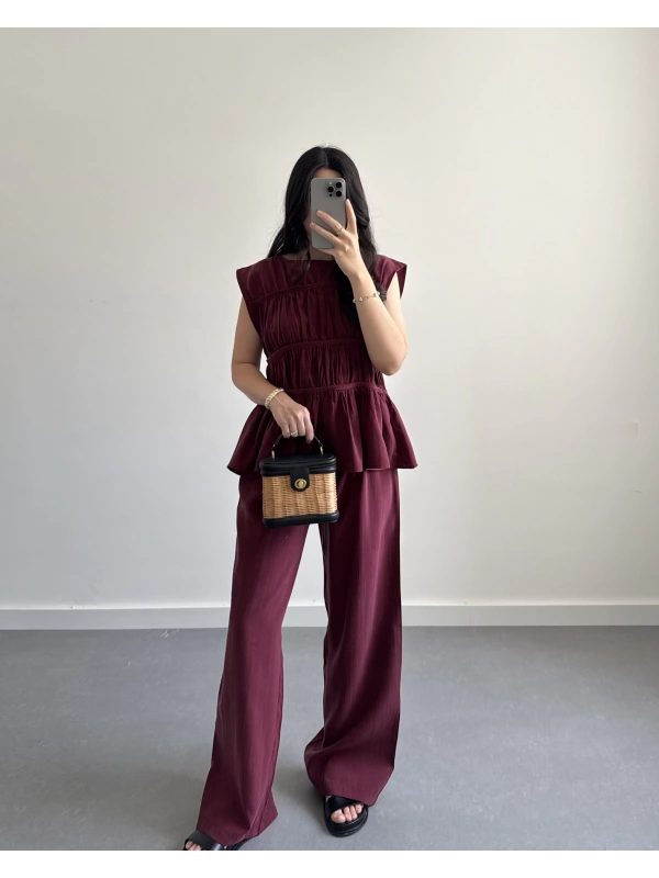 BORDO TENSEL LAYERLİ BLUZ TAKIM