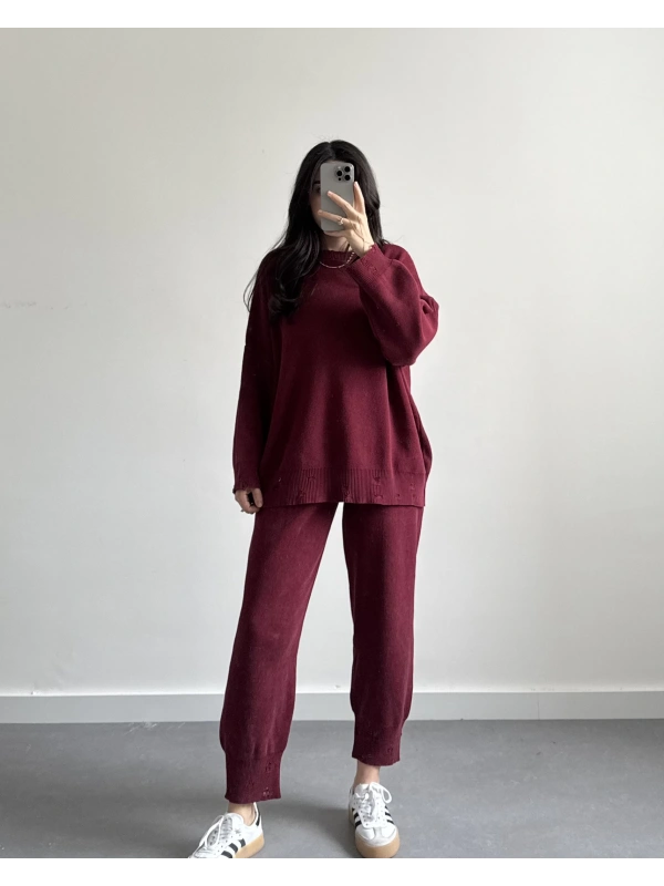 BORDO YIRTIK DETAYLI KAZAK PANTOLON TAKIM