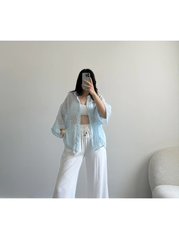 Buz mavi tensel ipeksi gömlek