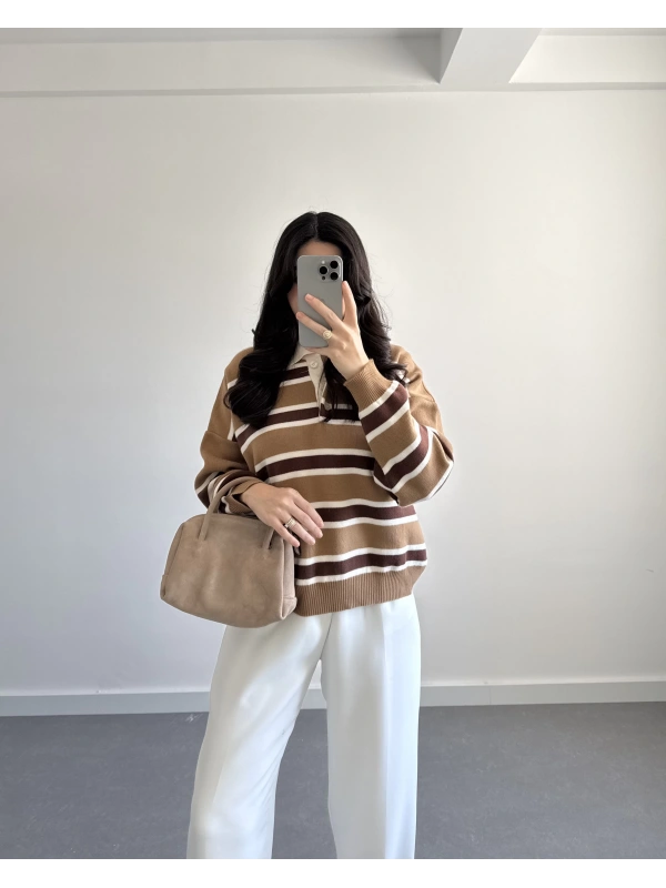 CAMEL ÇİZGİLİ KAZAK