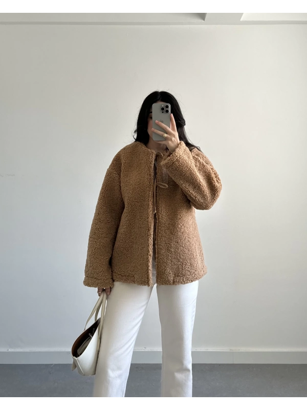 CAMEL ÖNÜ BAĞLAMALI TEDDY CEKET