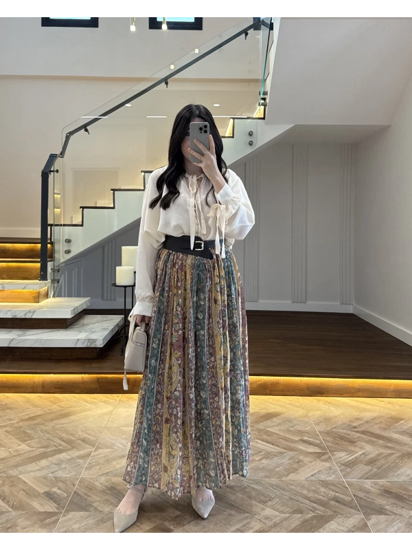 ÇİÇEK BASKILI KEMERLİ ETEK - 3374