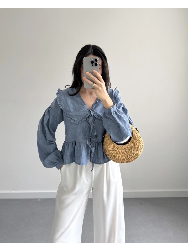 ÇİMALI MAVİ BEBE YAKA PİNTEREST GÖMLEK BLUZ