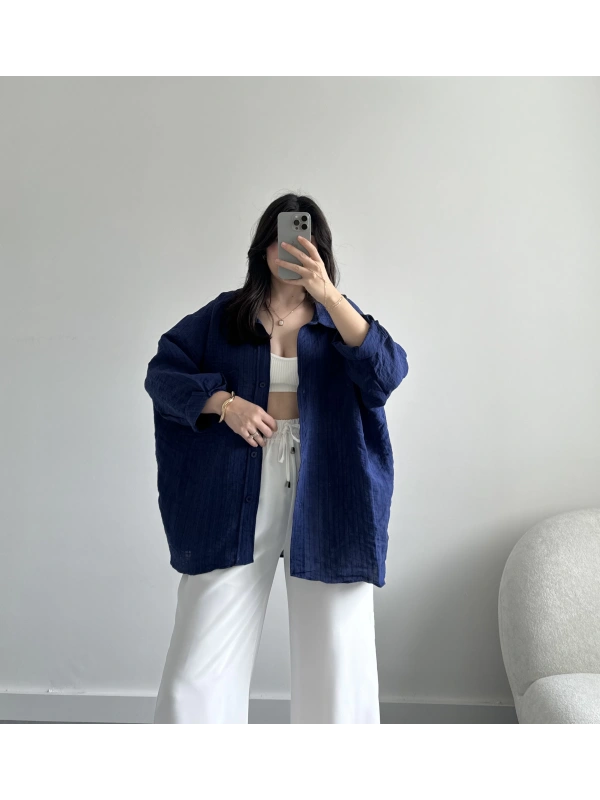 Lacivert Çizgili premium tensel gömlek