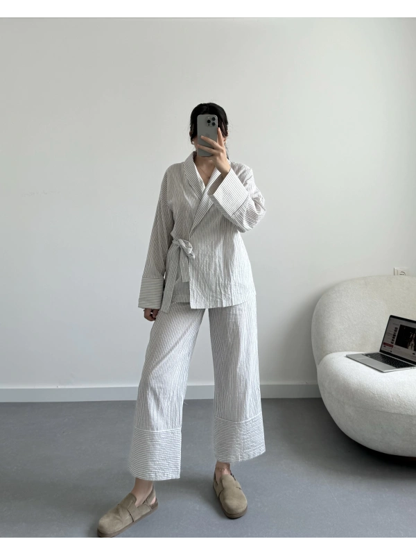 Çizgili Pinterest Kimono Takım