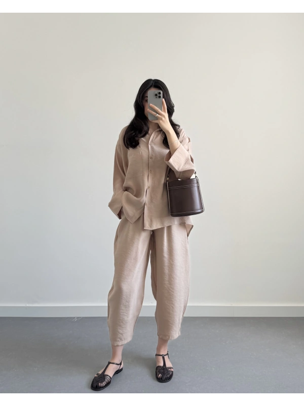 CLEO AÇIK CAMEL ŞALVAR TENSEL GÖMLEK TAKIM