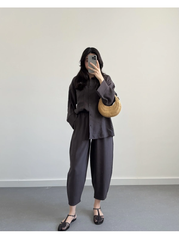 CLEO KAHVE ŞALVAR TENSEL GÖMLEK TAKIM