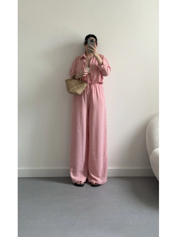 Clif pembe keten crop takım