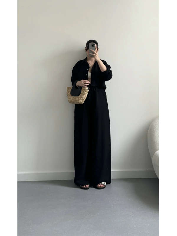 Clif siyah keten crop takım