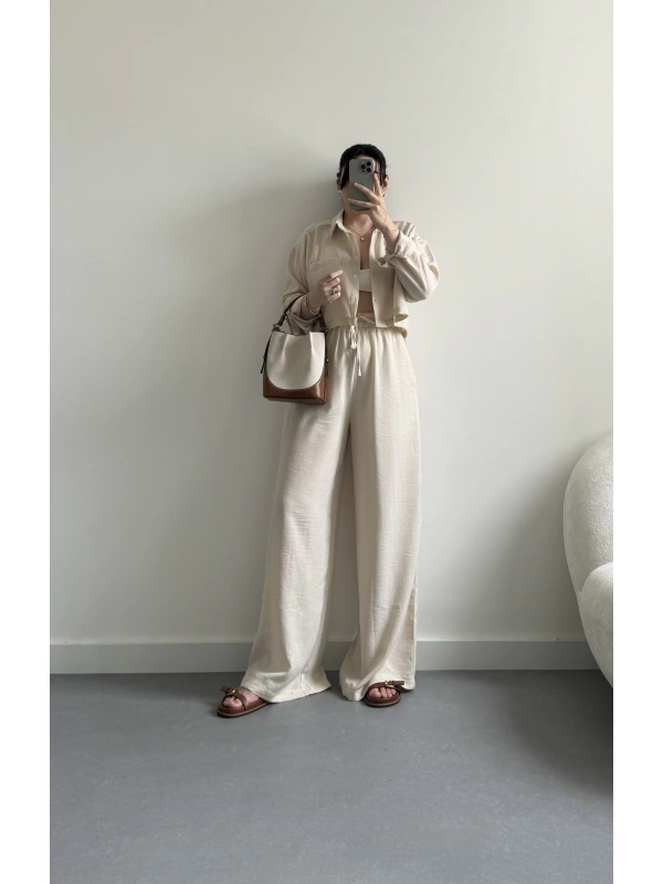 Clif Taş keten crop takım