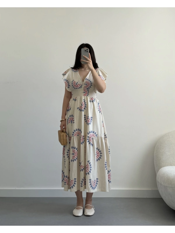 Cora mavi desenli midi boy elbise