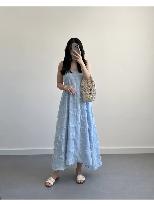 CREAM MAVİ PÜSKÜL ELBİSE