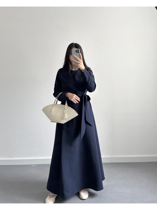 CUPRA LACİVERT KUŞAKLI ELBİSE