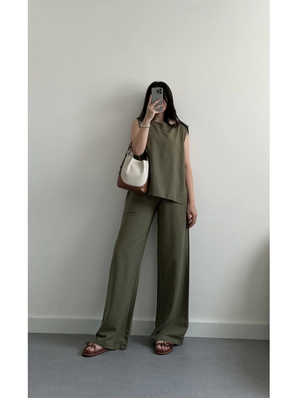 Darel haki yandan bağlamalı keten bluz takım