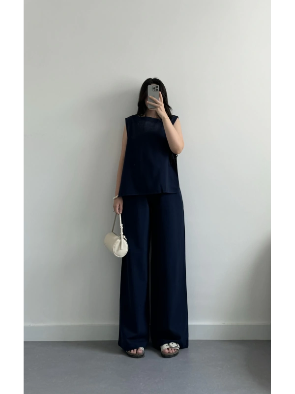 Darel lacivert yandan bağlamalı keten bluz takım