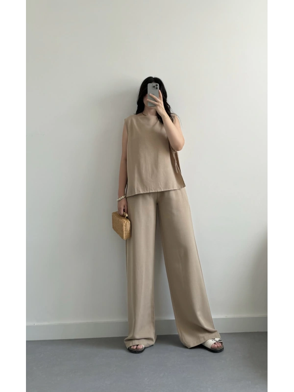 Darel vizon yandan bağlamalı keten bluz takım